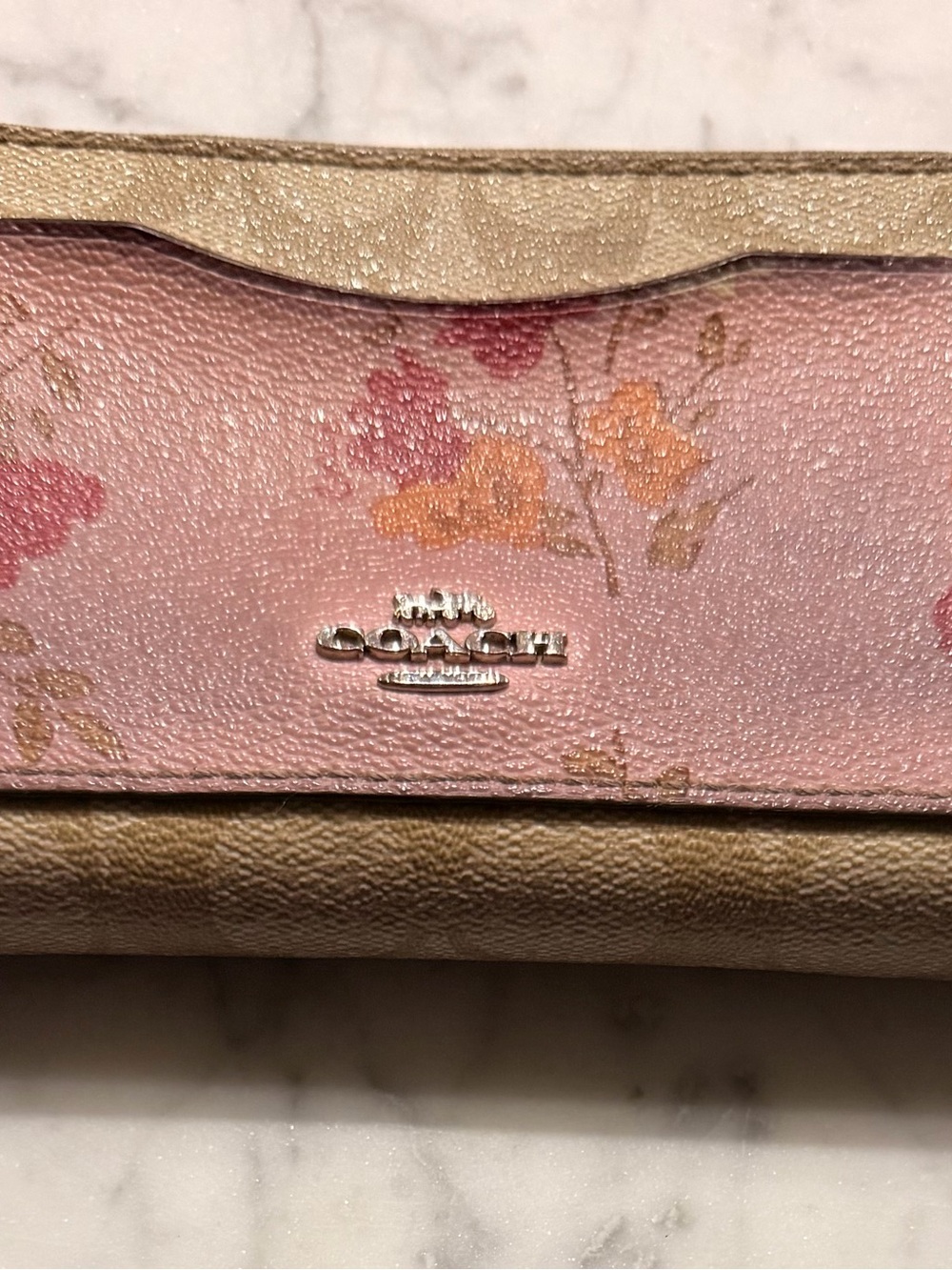 Coach Pink Floral Bi-Fold Wallet with Metallic Trim